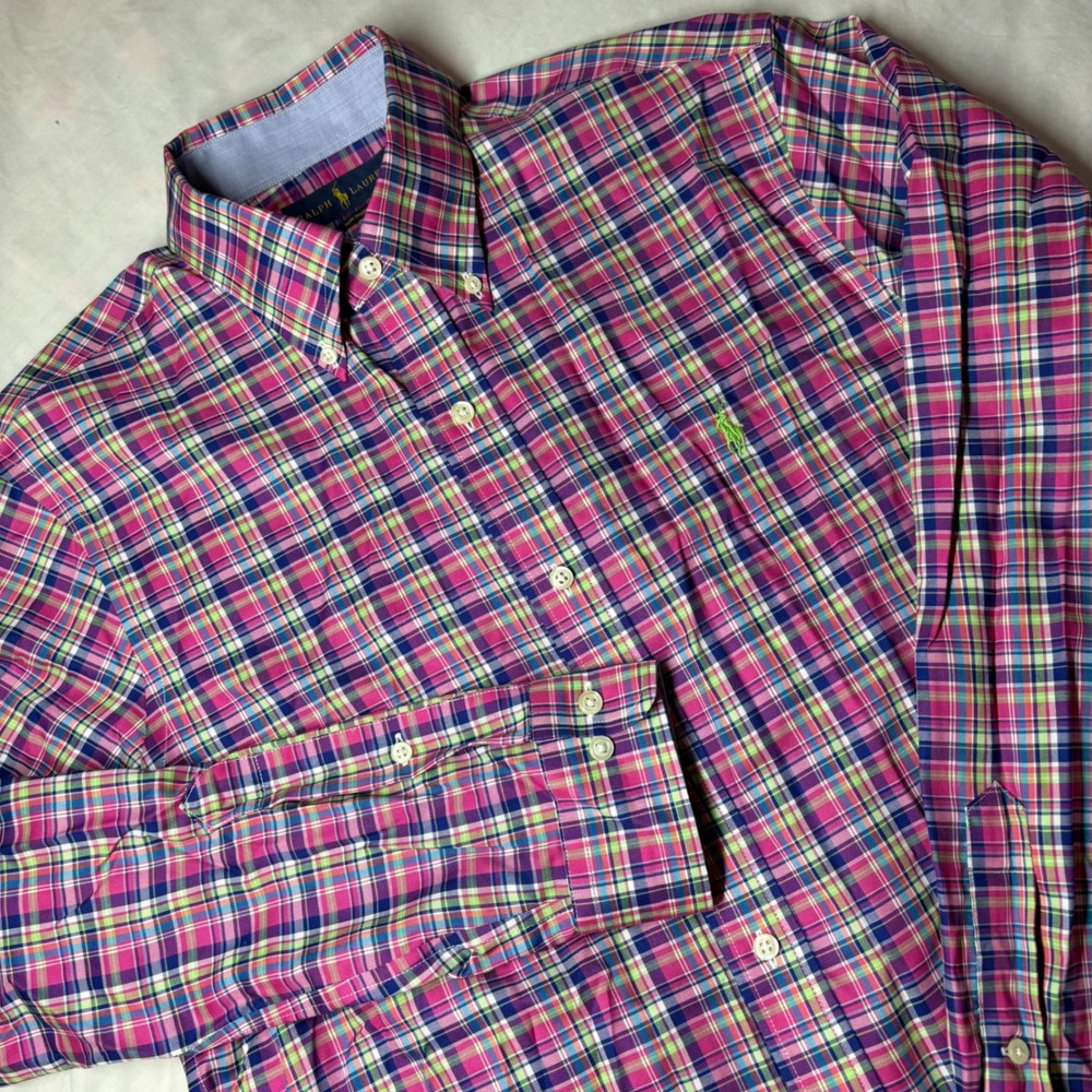 Ralph Lauren Mens M Plaid Button Down Shirt Pink Blue Green Non-Iron Cotton